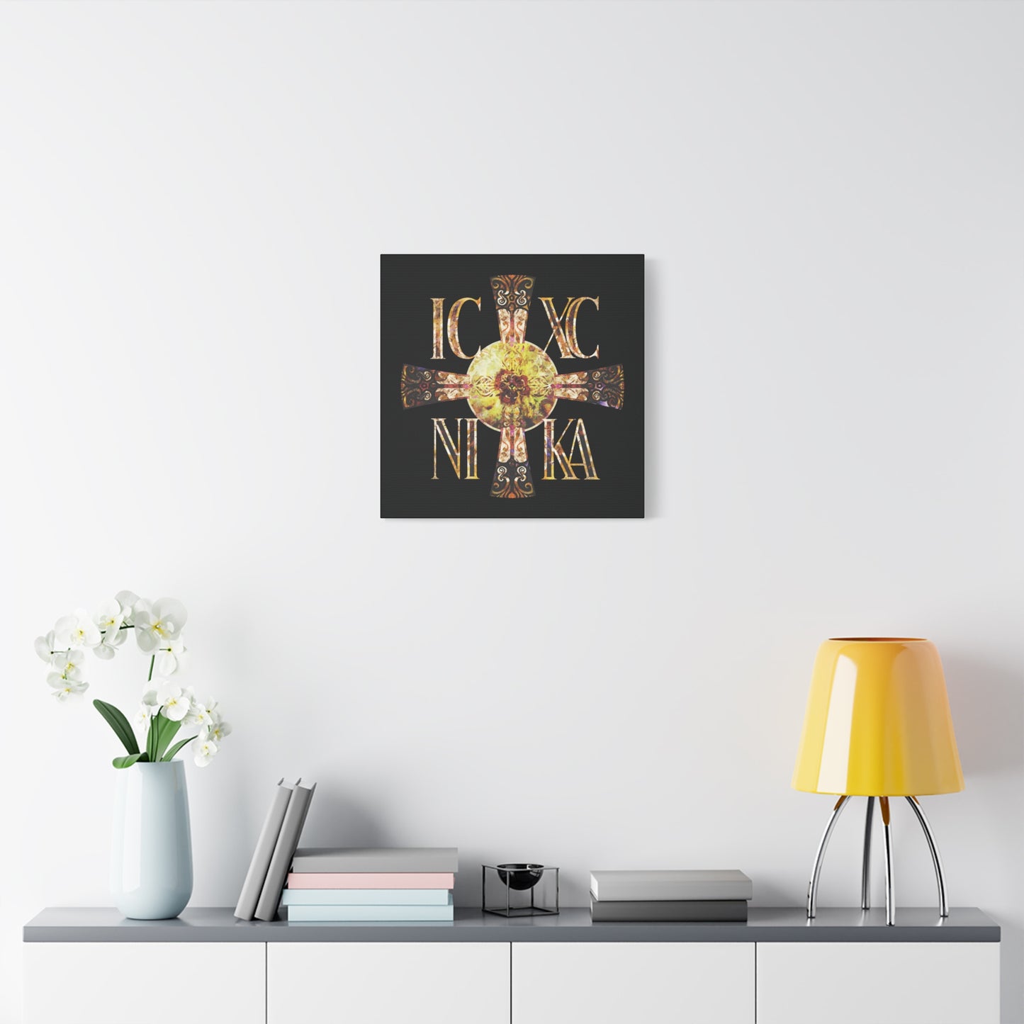 ICXC NIKA Celtic Style Equal Armed Cross | Bright Solar Texture | Orthodox Christian Canvas Art