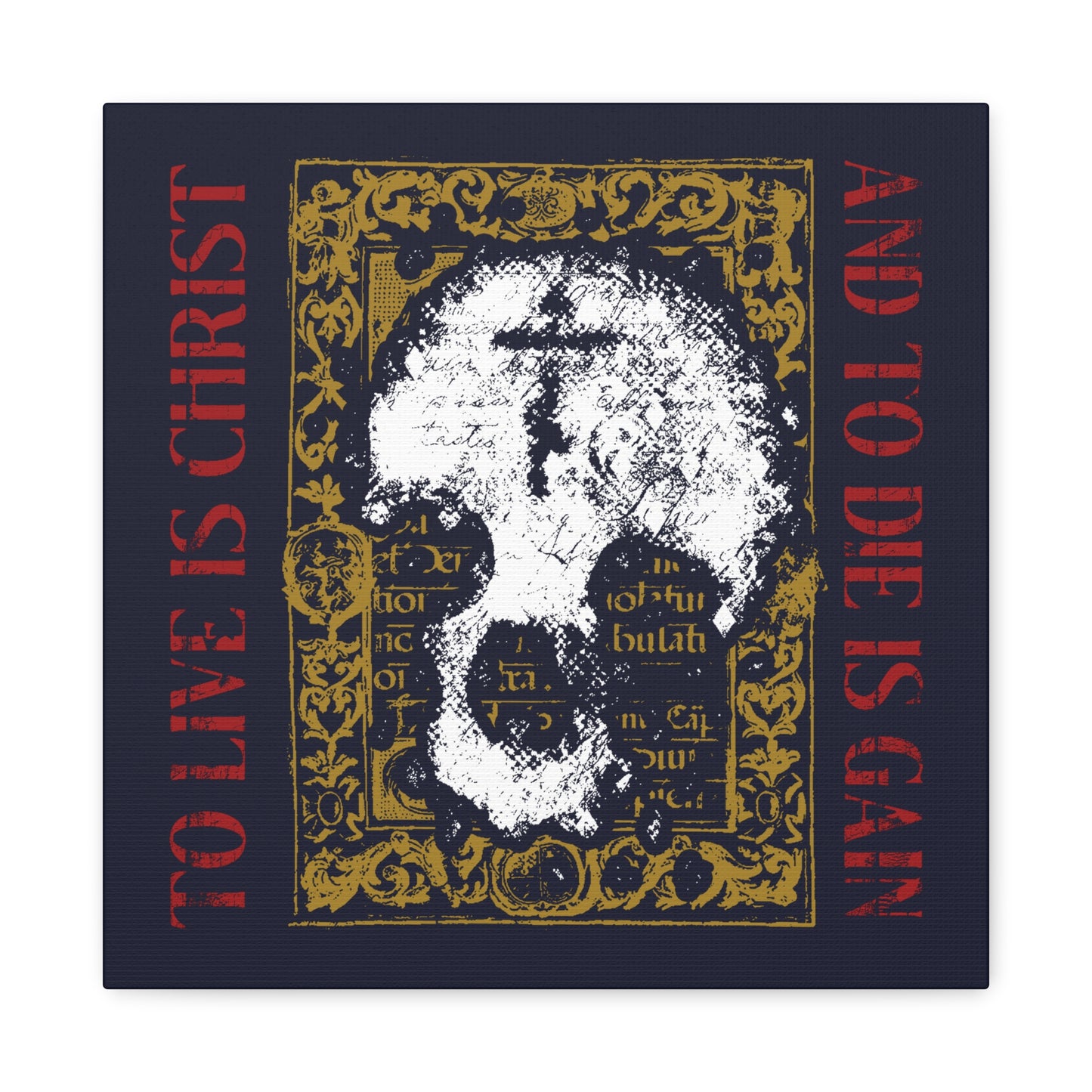 To Live is Christ, to Die is Gain (Philippians 1:21) | Skull with Cross on Gold Manuscript Texture | Orthodox Christian Canvas Art