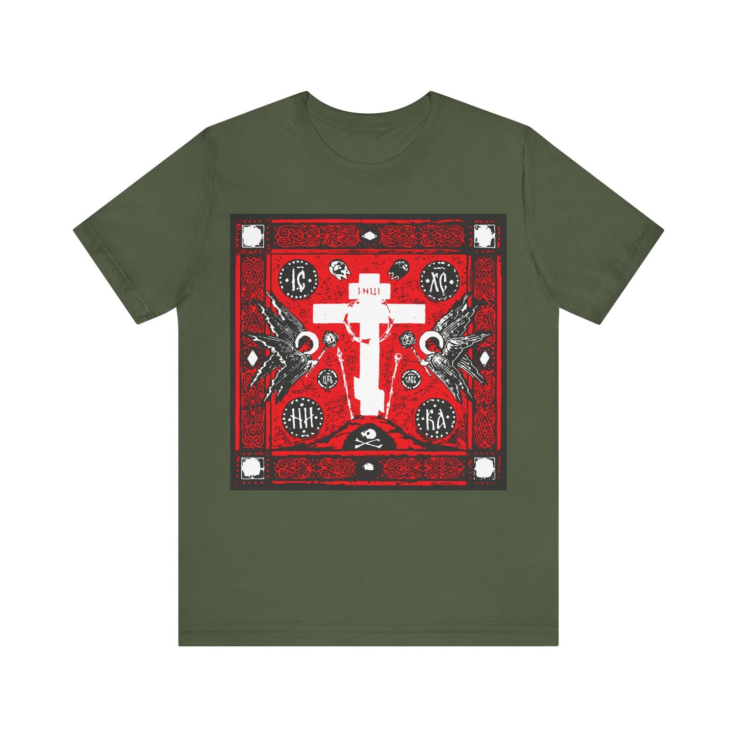 Adoration of Holy Cross IconoGraphic | Striking Red, White, & Black Russian Cross Design w/ Angels | Orthodox Christian T-Shirt