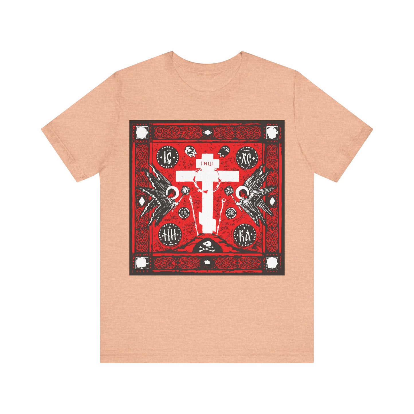 Adoration of Holy Cross IconoGraphic | Striking Red, White, & Black Russian Cross Design w/ Angels | Orthodox Christian T-Shirt