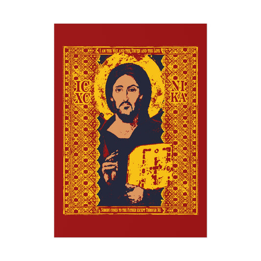 The "Jesus Christ Sinai Pantocrator IconoGraphic | ICXC NIKA | I am the Way John 14:6" poster features Christ holding a book, with intricate borders and text, in yellow, red, and blue—an Orthodox Christian icon.