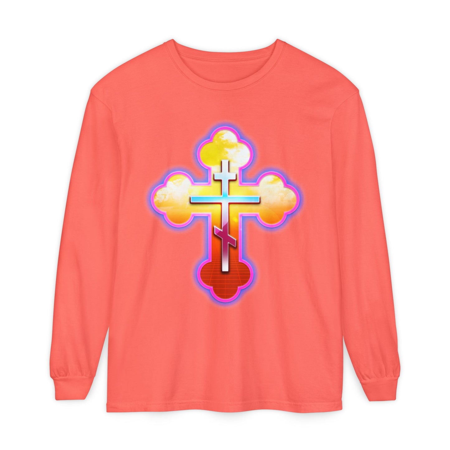 80s Synthwave Retrowave Outrun Aesthetic | Glowing & Reflective Gold & Red Three-Bar Cross | Orthodox Christian Cotton Long Sleeve Shirt