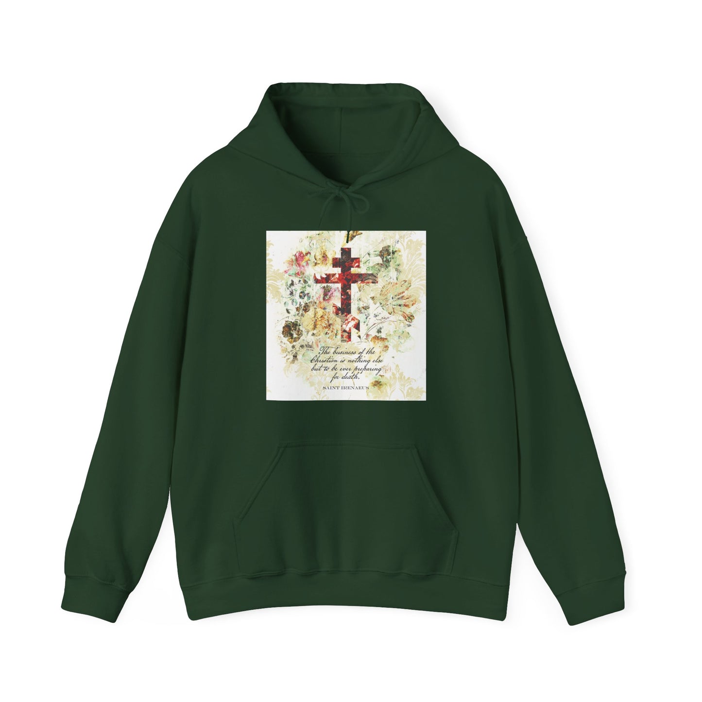 Preparing For Death | White & Beige Floral Scrapbook Texture Cross | Arts & Crafts Style | St Irenaeus | Orthodox Christian Hoodie