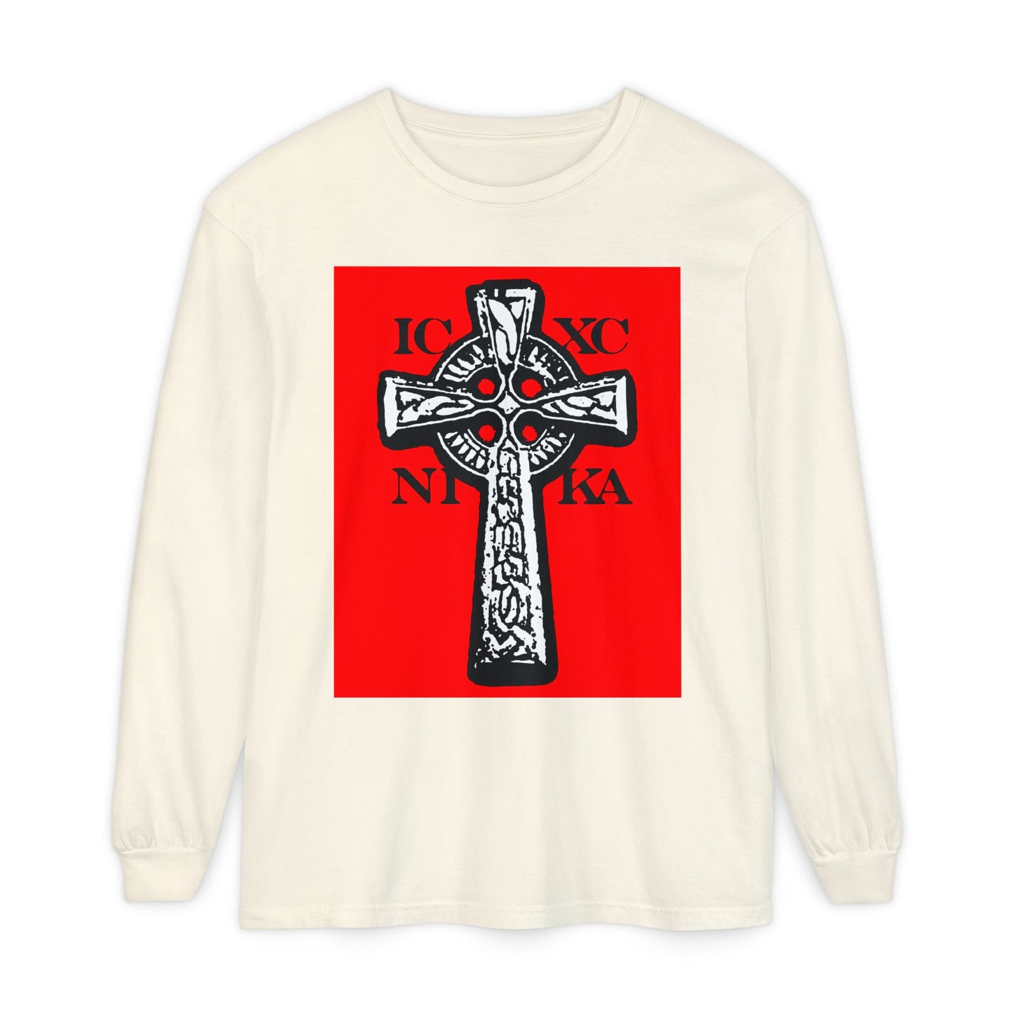 Ivory long-sleeve shirt featuring the ICXC NIKA Celtic Knotwork Cross in black and white on a bold red background, symbolizing "Jesus Christ Conquers" in traditional Orthodox Christian style.