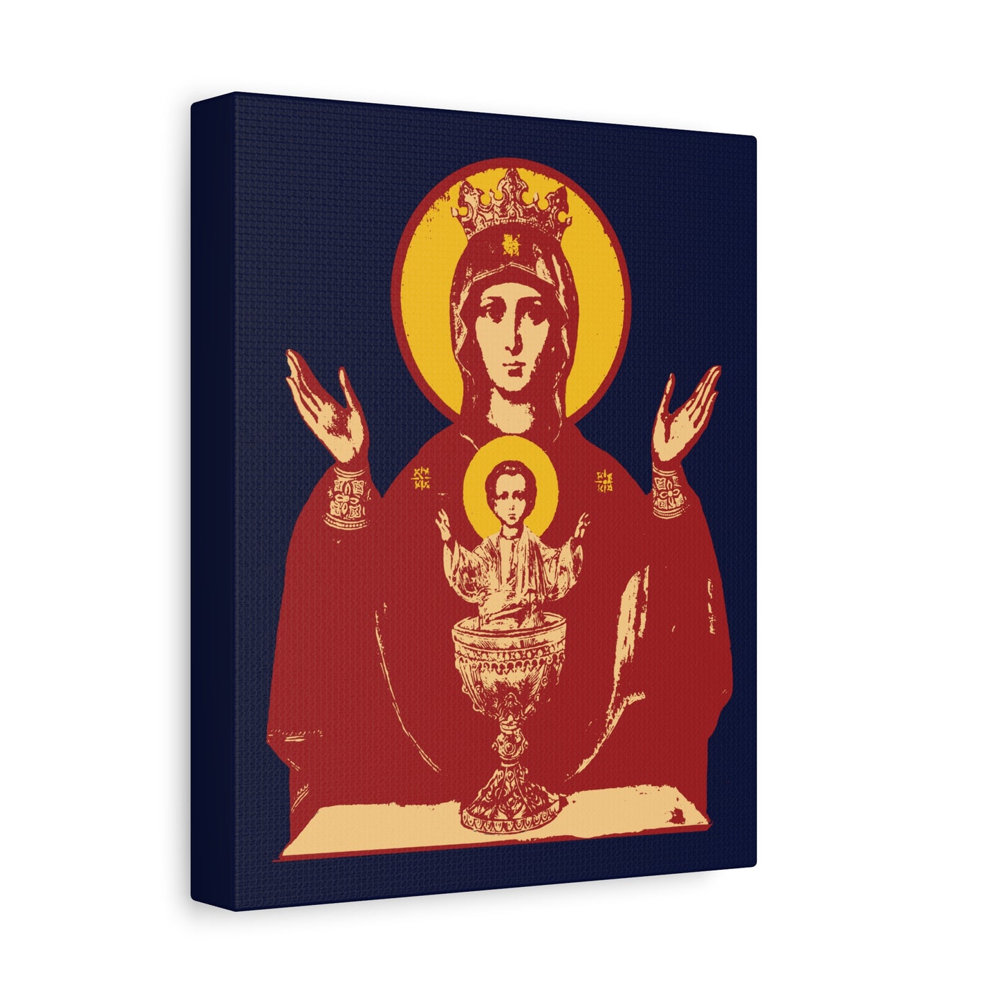 Holy Theotokos IconoGraphic of the Inexhaustible Chalice – Orthodox Christian wall art featuring icon-style Mother of God and Child with halos, inspired by the Deliverer from Addictions image, printed on canvas.