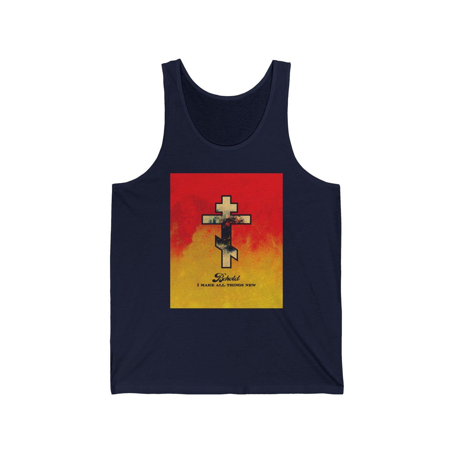 Behold, I Make All Things New (Rev 21:5) | Cosmic Orthodox Cross on Red and Yellow Background | Orthodox Christian Jersey Tank Top / Sleeveless Shirt