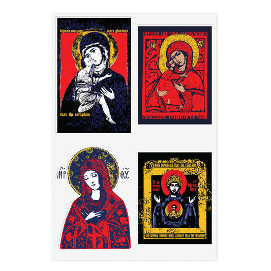 Theotokos IconoGraphic Sticker Collection No. 1 by Remembrance of Death features four Orthodox Christian stickers—Vladimir Icon, Joy of All Joys, and "Of the Sign"—showing the Virgin Mary and Christ Child in rich colors with ornate details on a white background.