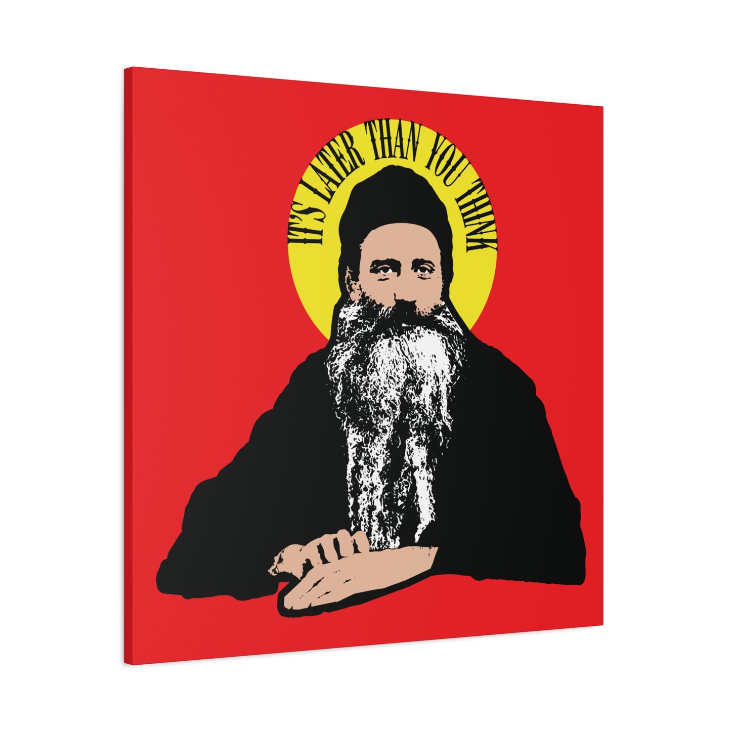 Modern Orthodox Christian wall art featuring “It’s Later Than You Think” by Fr Seraphim Rose, shown with a yellow halo on a red background—a tribute to the beloved American saint.