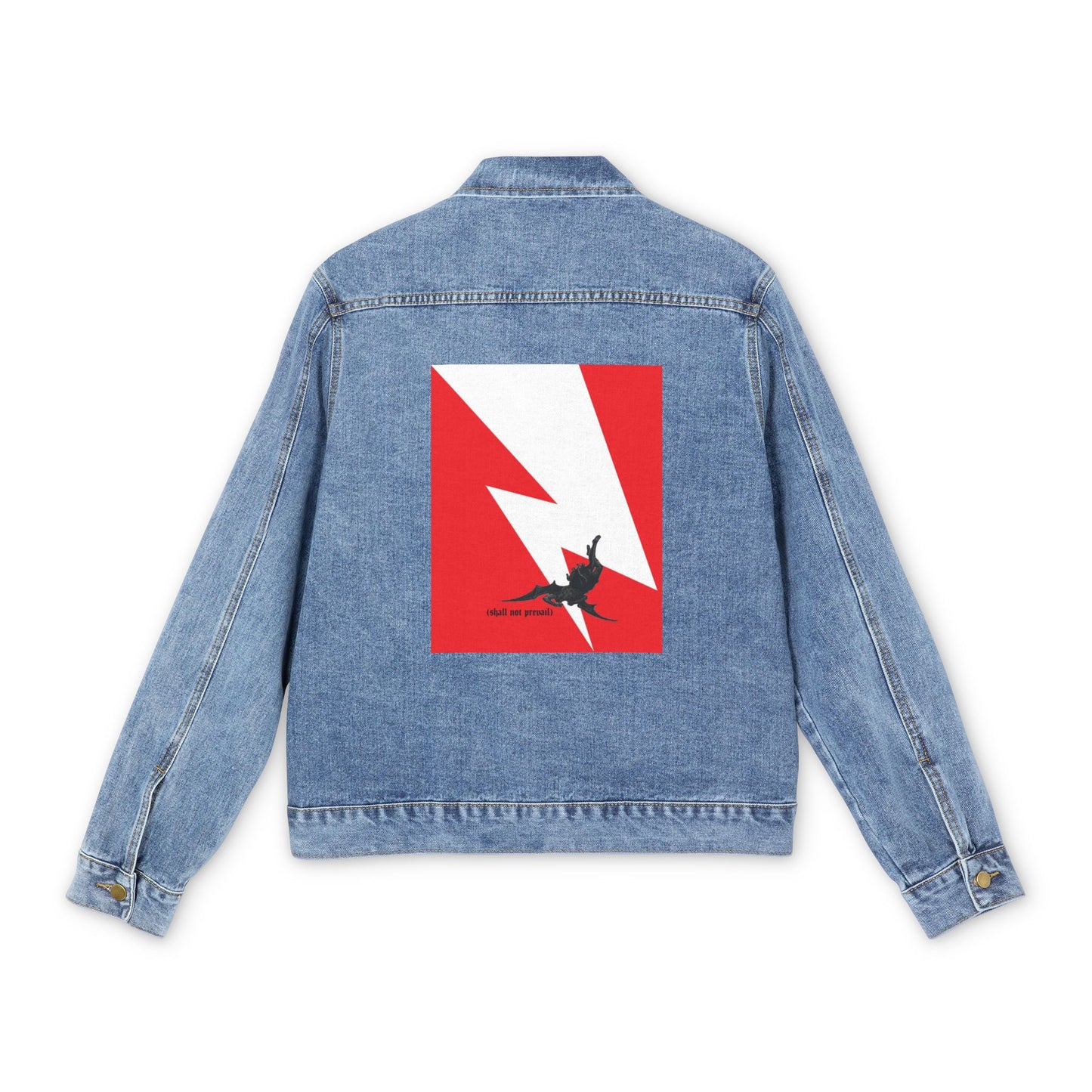 Shall Not Prevail | Satan Fell from Heaven Like Lightning (Luke 10:18) | Minimalist Design | Orthodox Christian Blue Denim Jacket