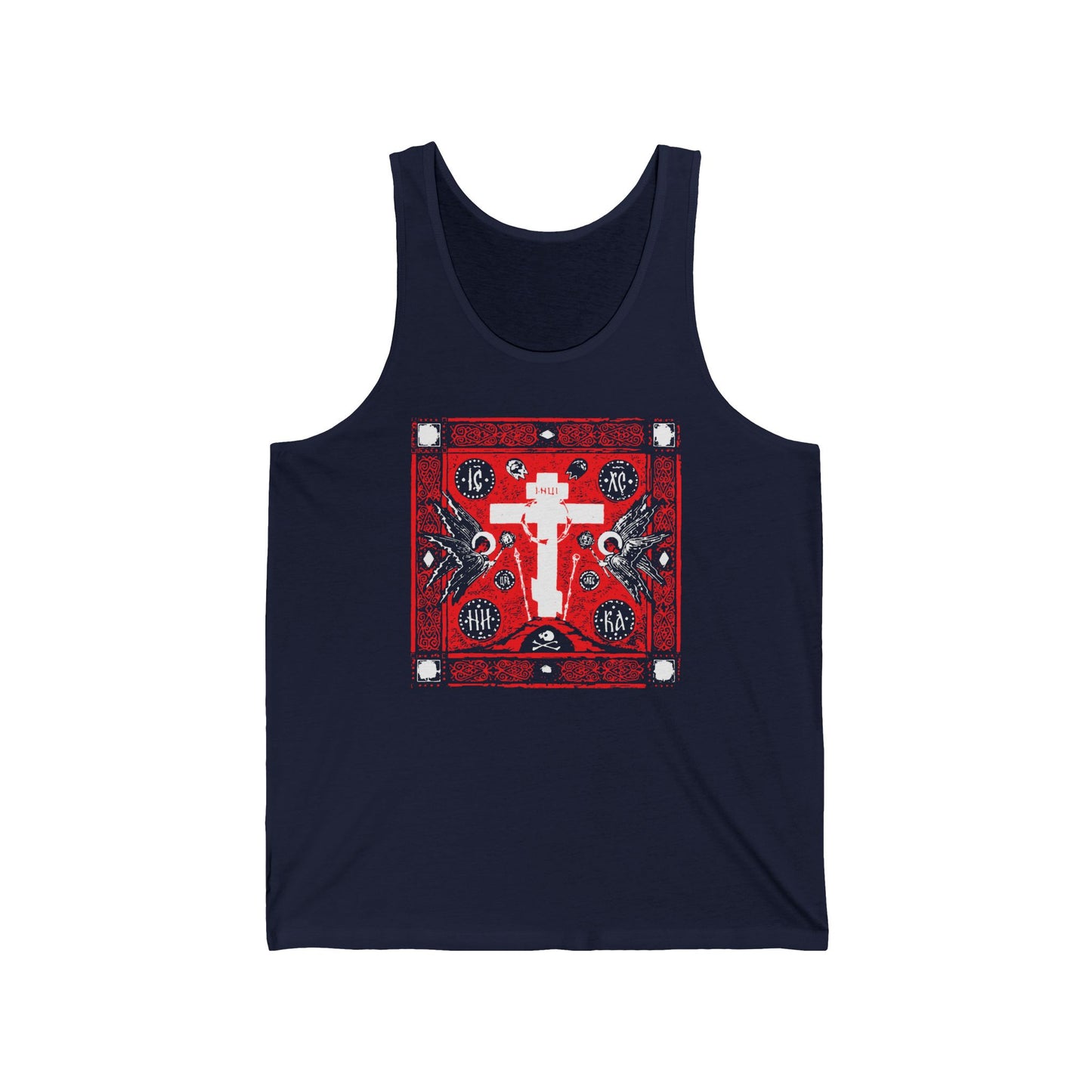 Adoration of Holy Cross IconoGraphic | Striking Red, White, & Black Russian Cross Design w/ Angels | Orthodox Christian Tank Top