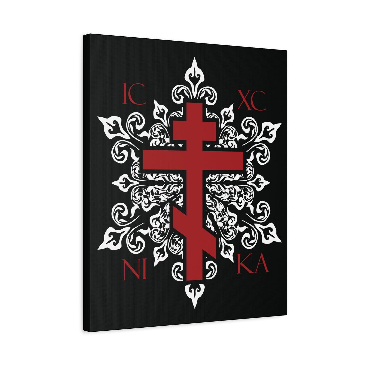 ICXC / NIKA Red Orthodox Cross on Ornate White Medieval Floral Design | Exclusive Best-Selling | Orthodox Christian Canvas Art