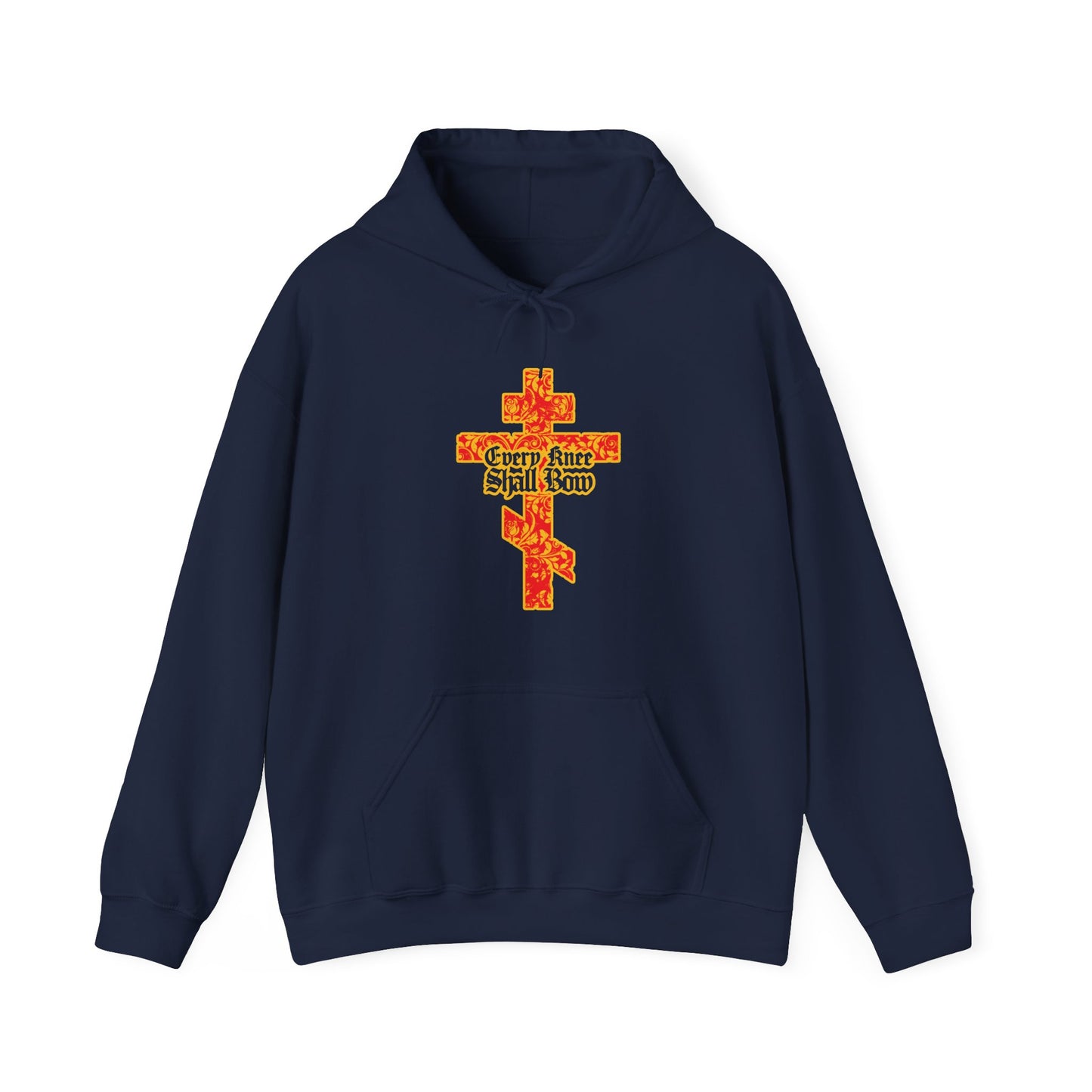 Navy blue "Every Knee Shall Bow" Christian hoodie featuring a gold and red floral Orthodox cross with gothic lettering, inspired by Isaiah 45:22-24 & Philippians 2:7-11.