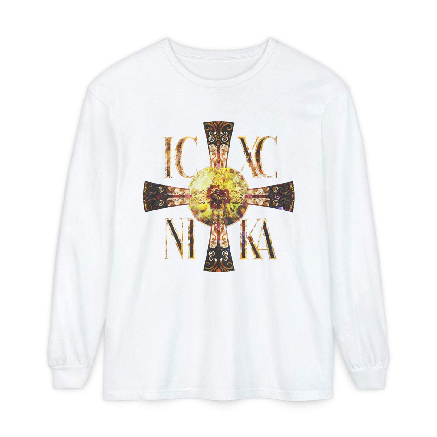ICXC NIKA Celtic Style Equal Armed Cross | Bright Solar Texture | Orthodox Christian Long Sleeve Shirt