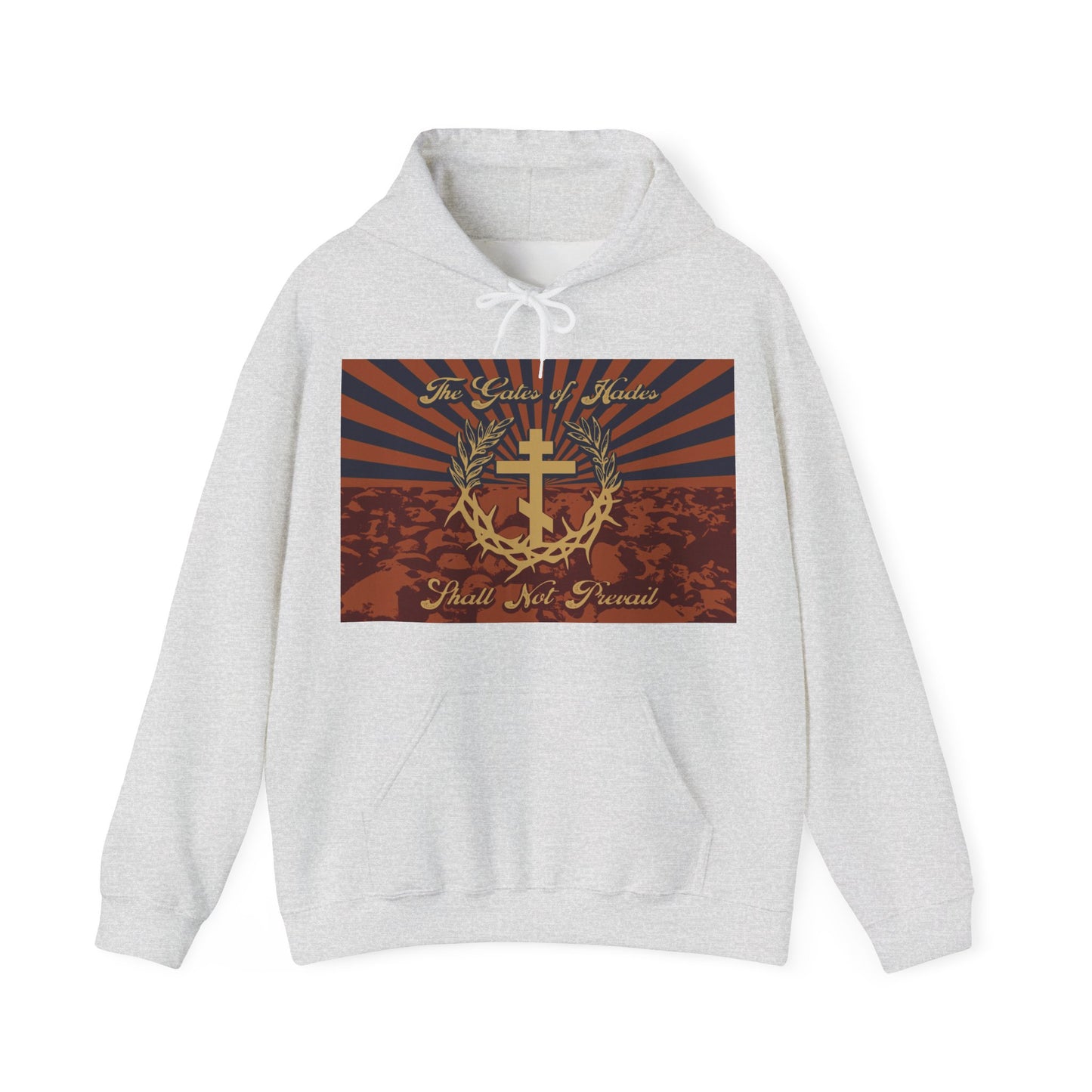 The Gates of Hades Shall Not Prevail | Cross with Wreath & Crown of Thorns | Skulls and Rays | Orthodox Christian Hoodie