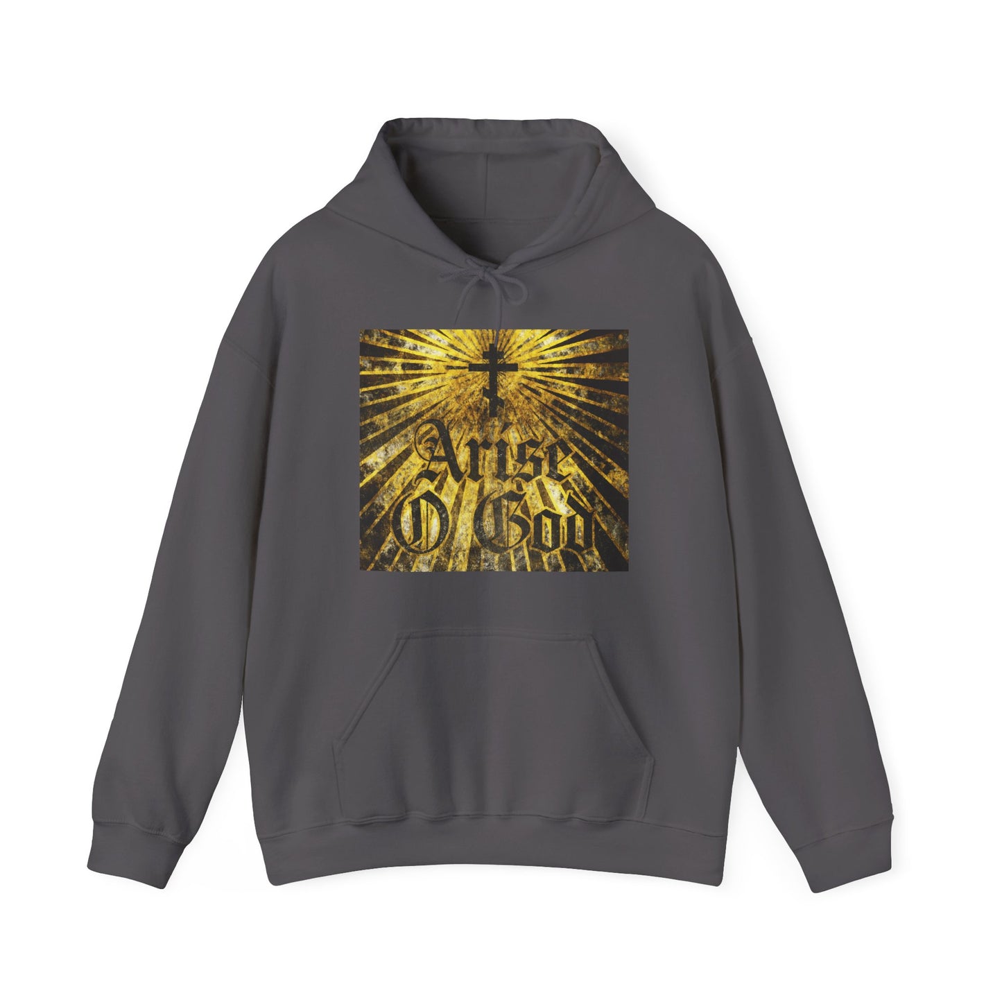 Charcoal hoodie featuring "Arise O God" in textured Gothic font, an Orthodox cross, and golden rays, inspired by Psalm 81 (82 LXX) and the Divine Council worldview. Orthodox Christian apparel.