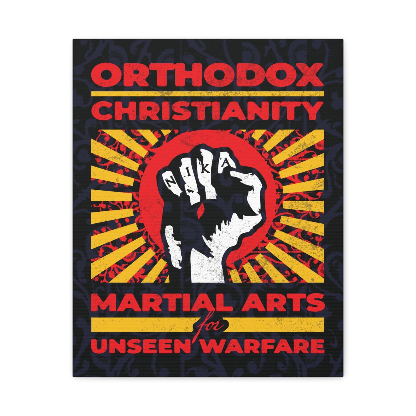 Orthodox Christianity: Martial Arts for Unseen Warfare | NIKA Jesus Fist on Colorful Sunburst Design | Orthodox Christian Canvas Art