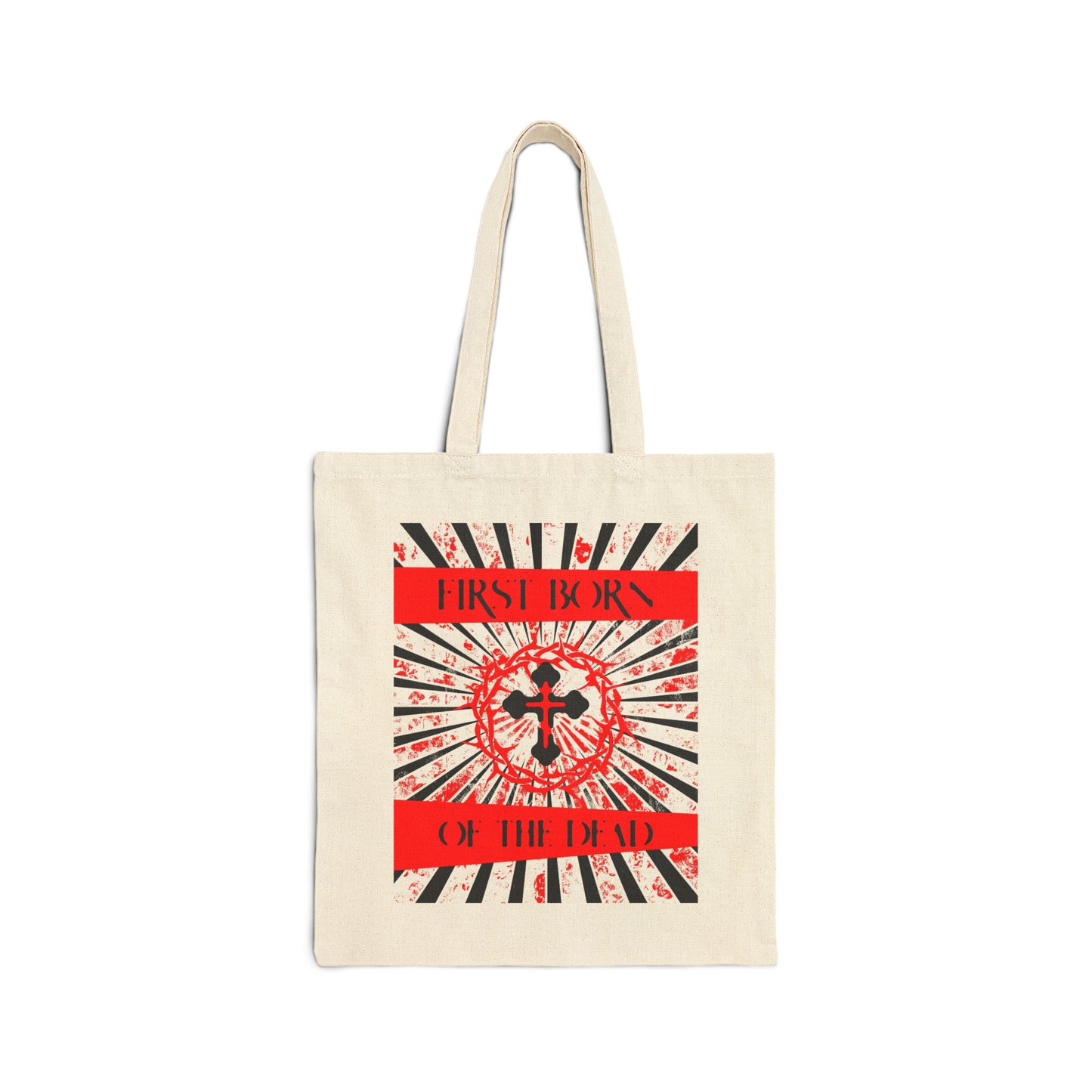 First Born of the Dead | Orthodox Cross and Crown of Thorns | Red White and Black Textured Design with Rays | Orthodox Christian Cotton Canvas Tote Bag