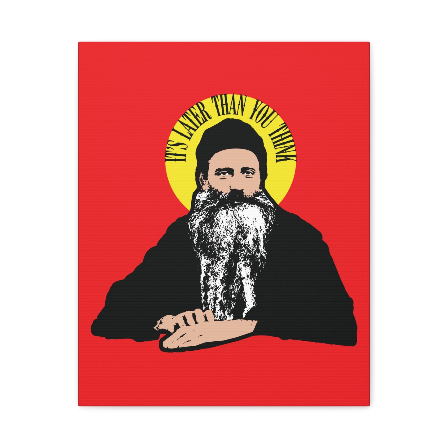 It's Later Than You Think – wall art featuring a modern American Orthodox Christian saint, inspired by Fr Seraphim Rose’s quote, with a yellow halo and red background. A thoughtful reminder of life’s impermanence and spiritual reflection.