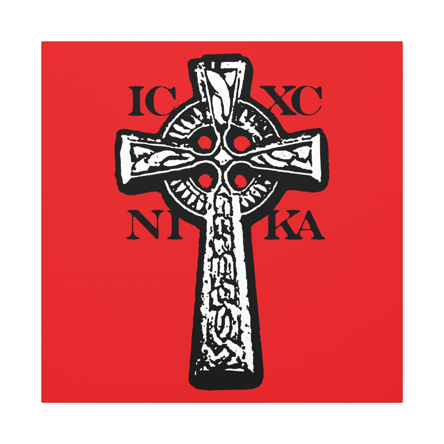 The ICXC NIKA Celtic Knotwork Cross features a black and white design on a red background, symbolizing Jesus Christ Conquers and traditional Orthodox Christian faith, perfect as striking wall art.