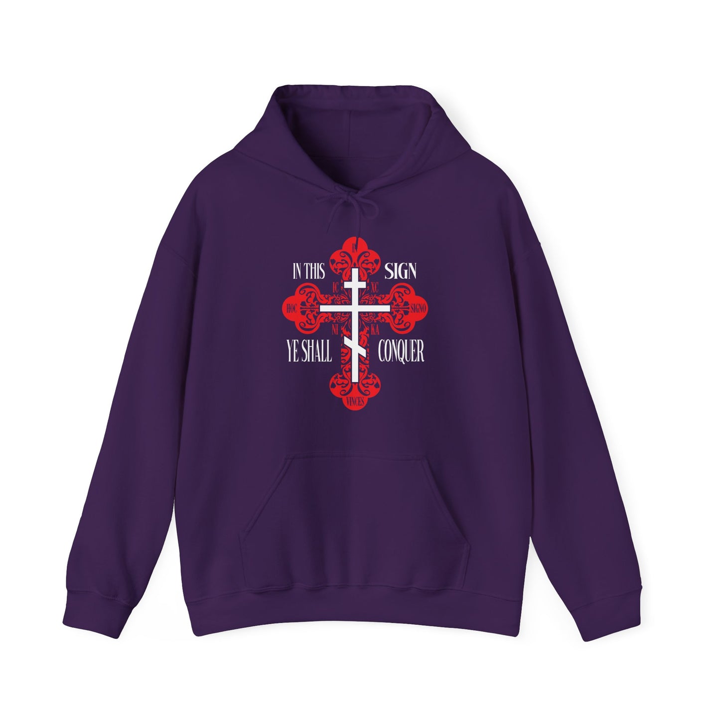Purple hoodie featuring a red ornate Orthodox cross and "In This Sign Ye Shall Conquer" (ICXC NIKA), inspired by Christian themes of victory and spiritual warfare.