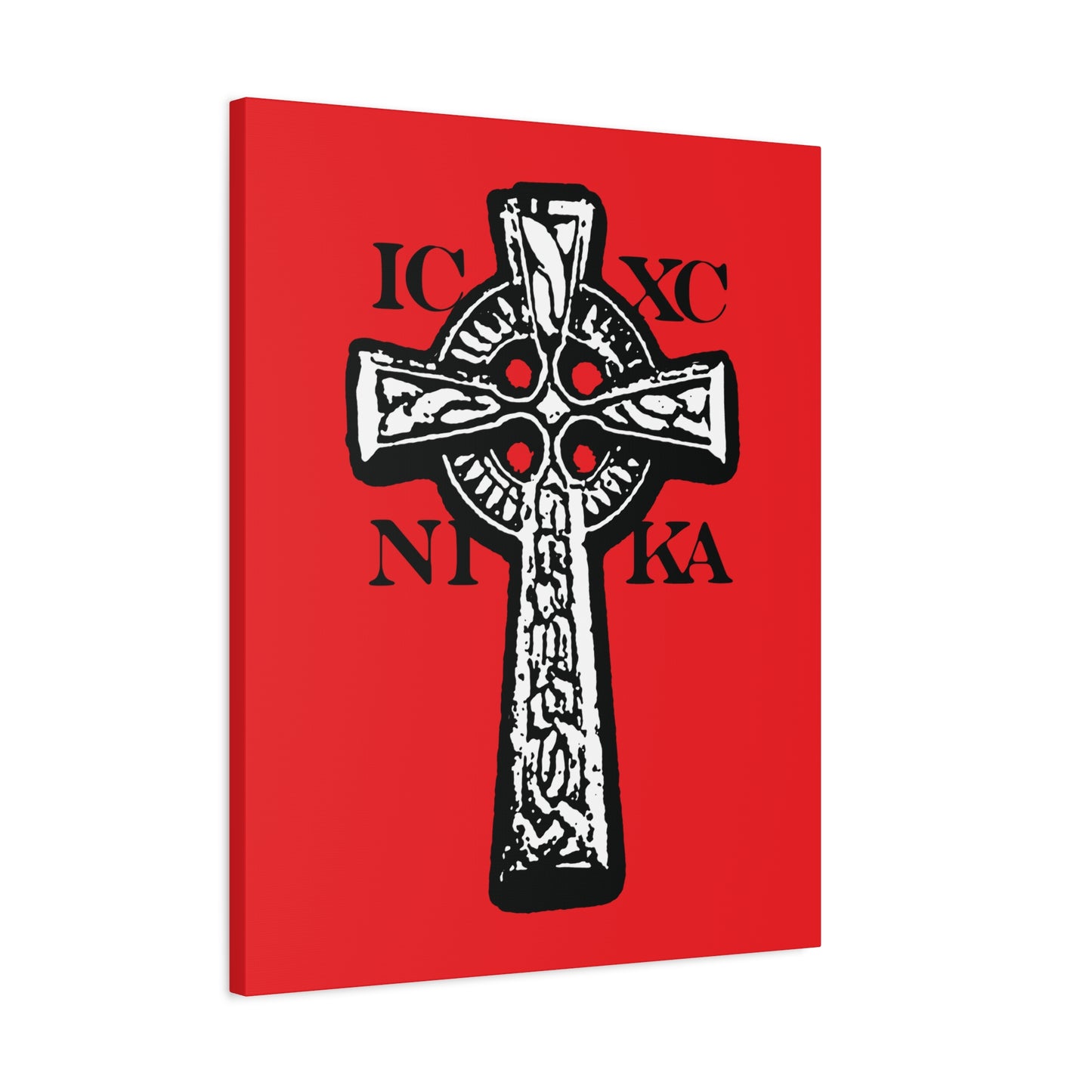 The ICXC NIKA Celtic Knotwork Cross features black and white design on a red background, with Greek letters for "Jesus Christ Conquers"—a traditional Orthodox Christian wall art symbolizing faith and victory.
