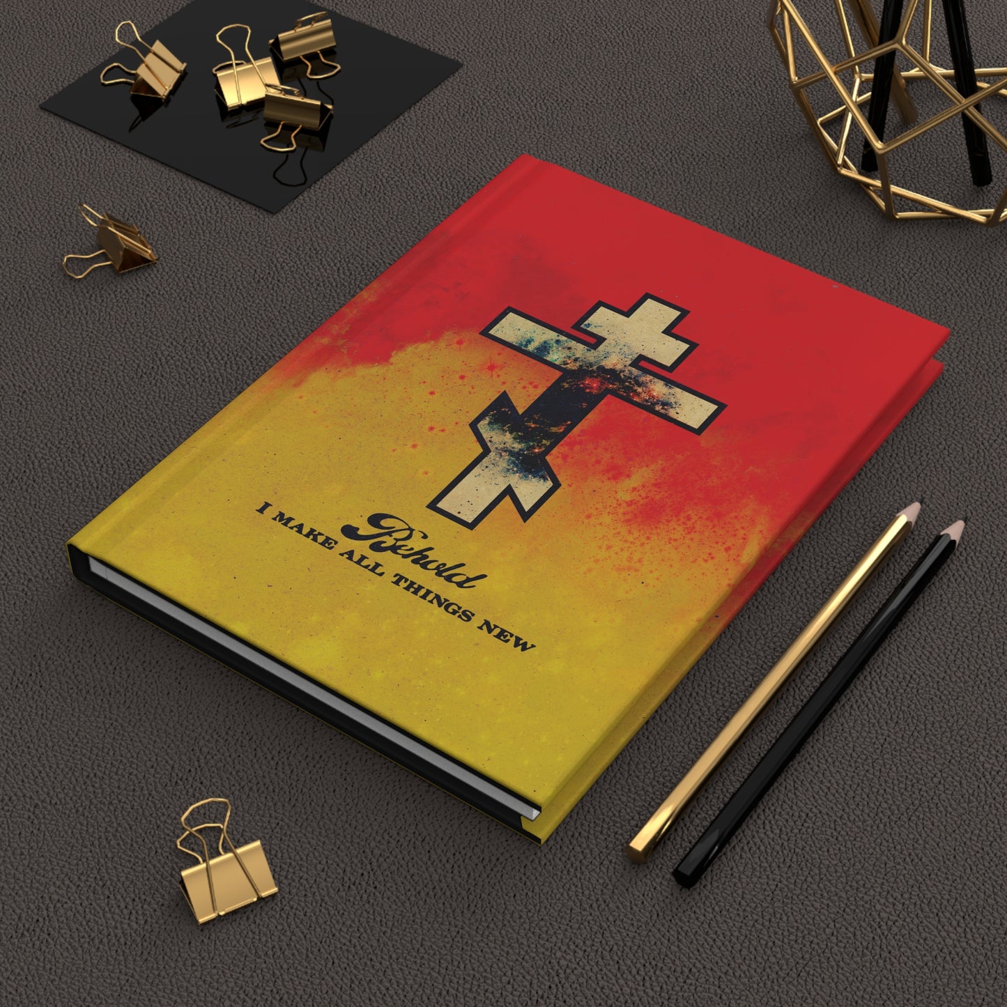 Behold, I Make All Things New (Rev 21:5) | Cosmic Orthodox Cross on Red and Yellow Background | Orthodox Christian Hardcover Journal