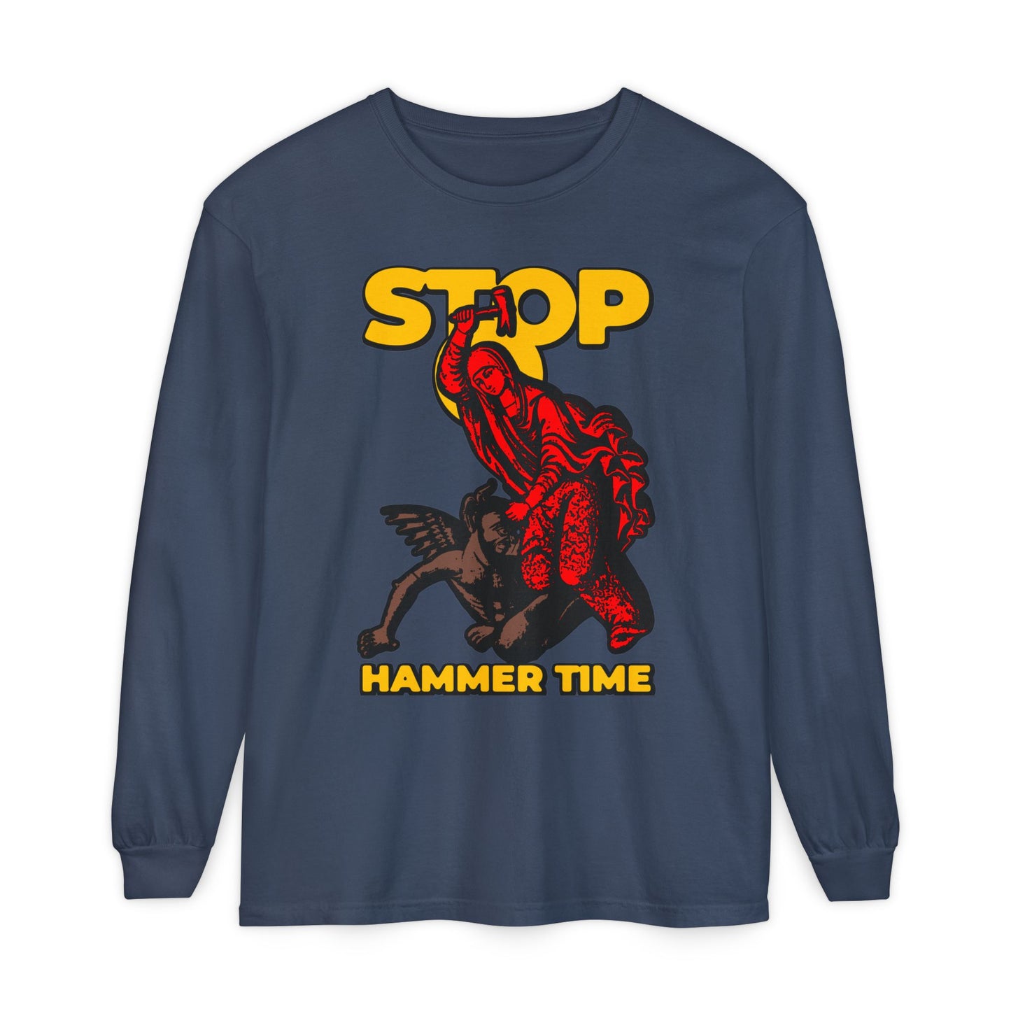 Navy long-sleeve shirt featuring "Stop, Hammer Time" and St Marina of Antioch beating the devil with a hammer in red, blue, and yellow—a modern Orthodox meme.