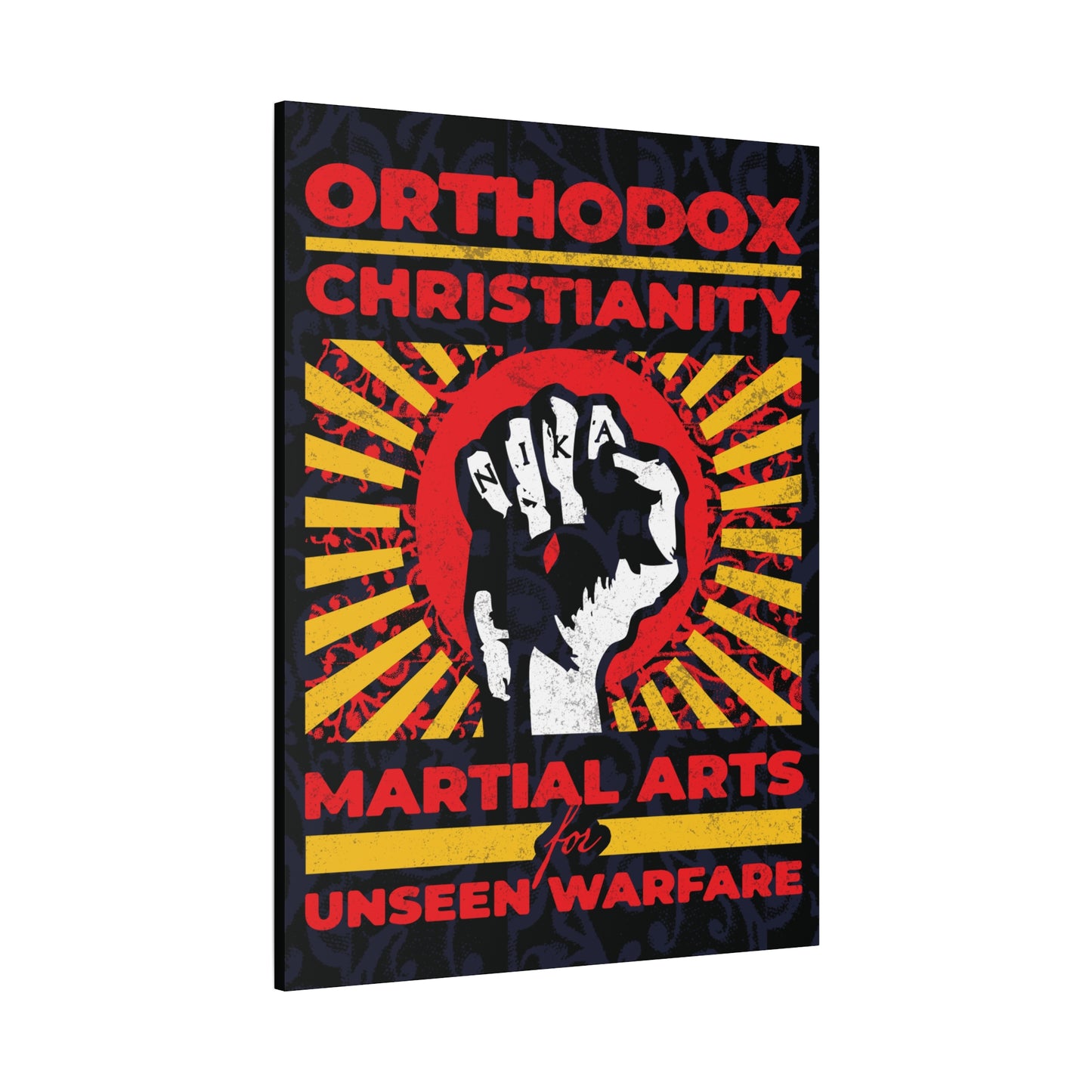 Orthodox Christianity: Martial Arts for Unseen Warfare | NIKA Jesus Fist on Colorful Sunburst Design | Orthodox Christian Canvas Art