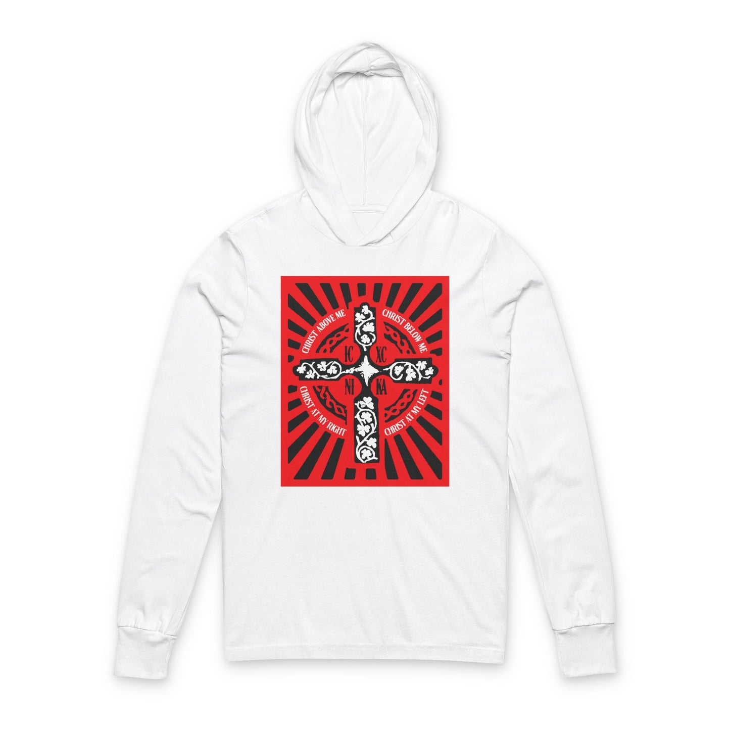 Red ICXC NIKA Enniskillen Celtic Cross | Lorica of St. Patrick | Shield Prayer | Orthodox Christian Long Sleeve Hooded Shirt