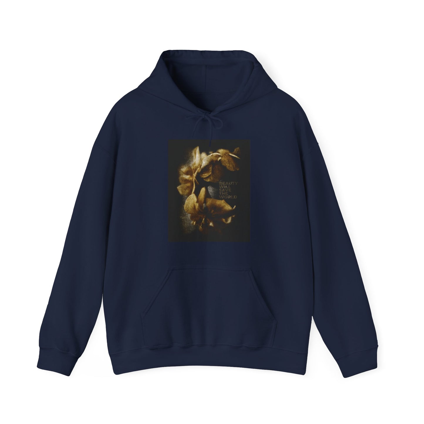 Navy "Beauty Will Save the World" hoodie features Dostoevsky-inspired photographic artwork and text glorifying Jesus Christ, Universal Creator & King, in a vintage style.