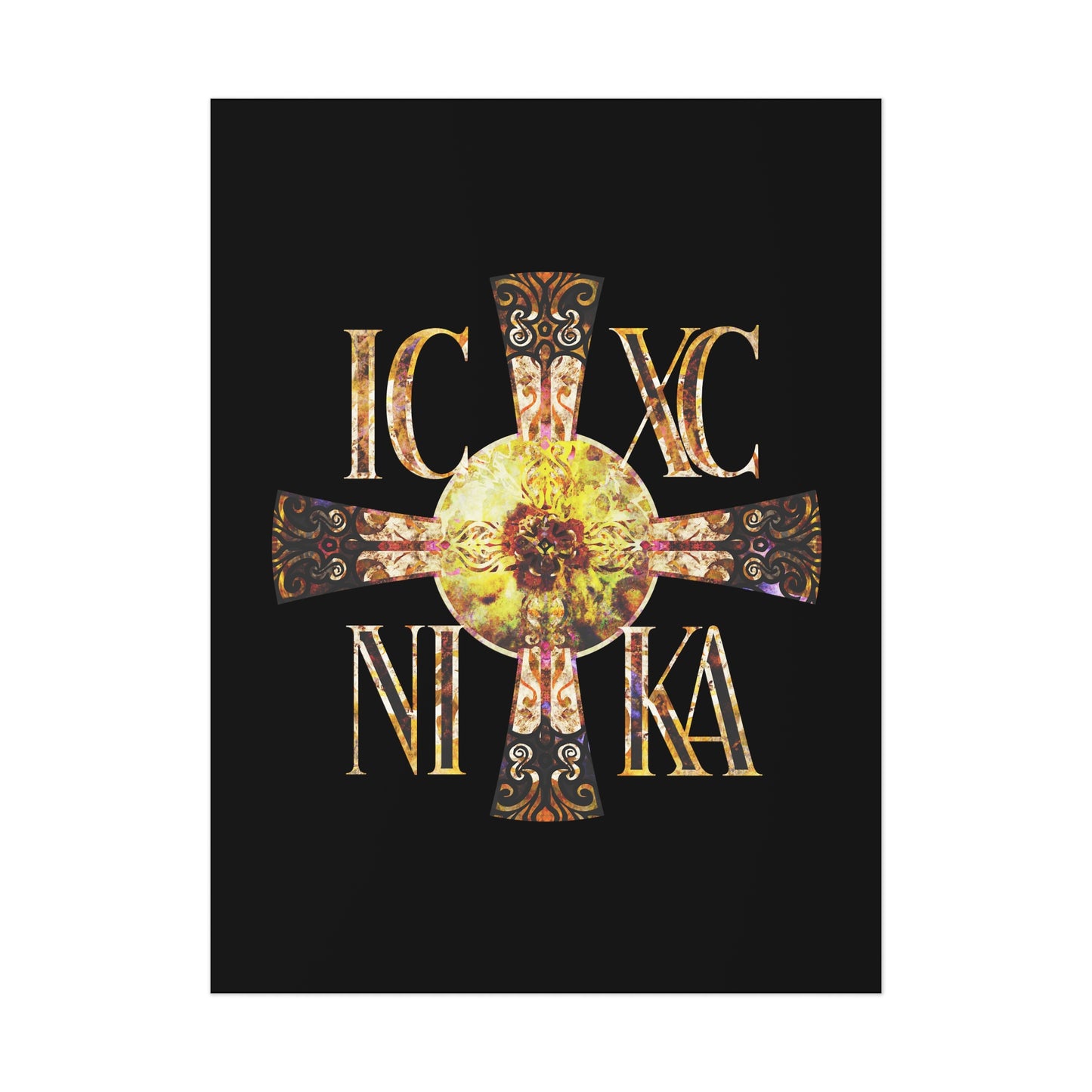 ICXC NIKA Celtic Style Equal Armed Cross | Bright Solar Texture | Orthodox Christian Art Poster