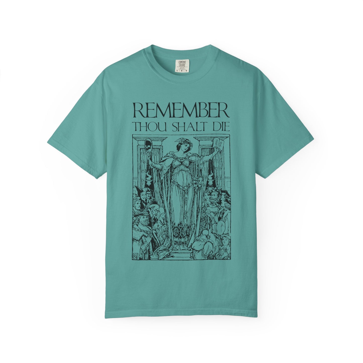Seafoam tee featuring a classic woodcut-style Memento Mori design inspired by Shakespearean themes, Christian reflection, and mindful living. "Remember You Will Die" in vintage lettering on heavyweight cotton unisex shirt.