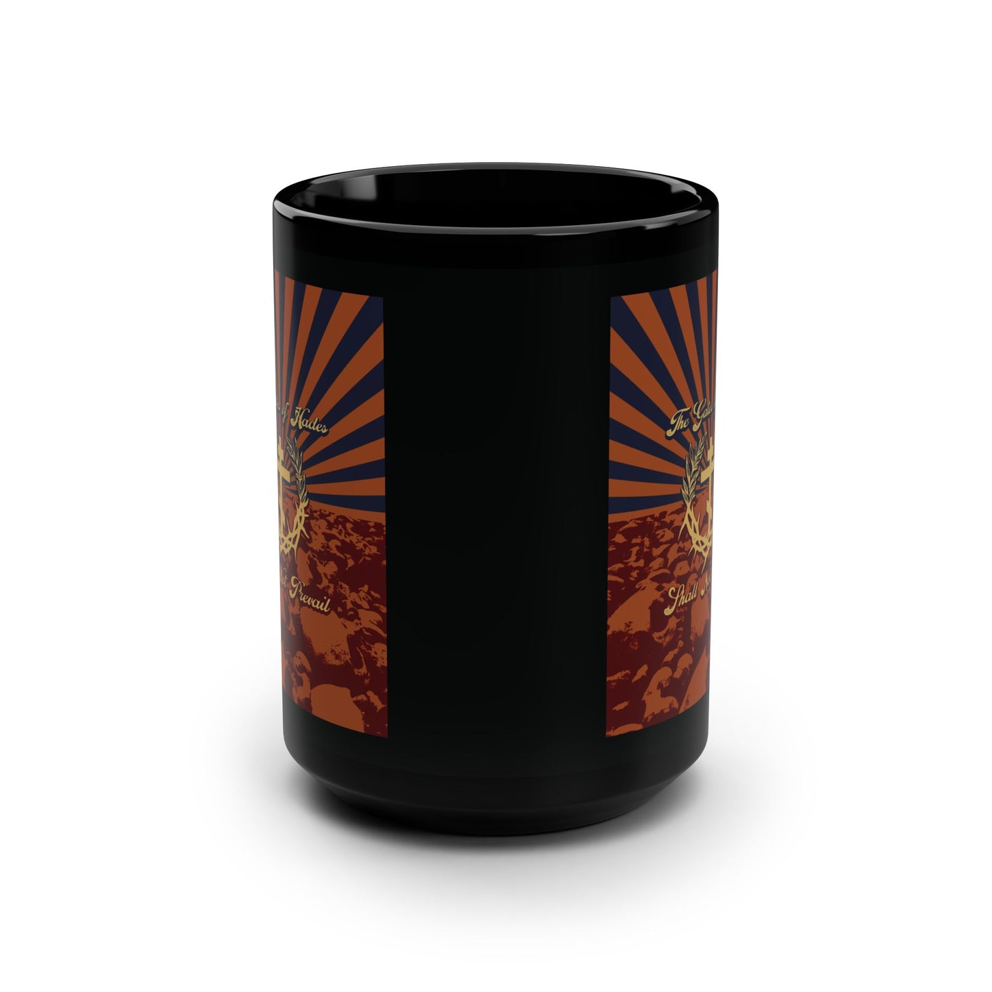 The Gates of Hades Shall Not Prevail | Cross with Wreath & Crown of Thorns | Skulls and Rays | Orthodox Christian Black Mug