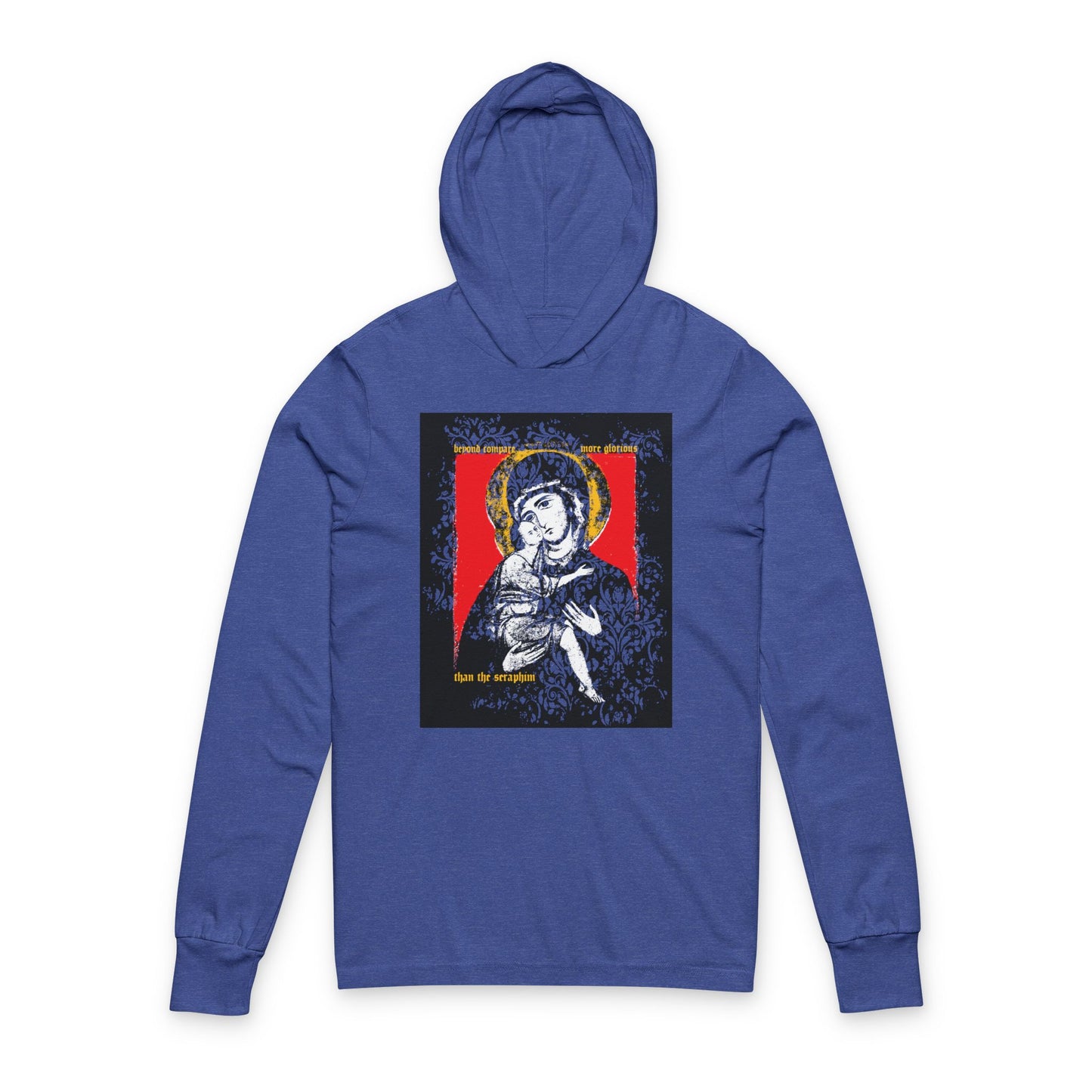 Beyond Compare More Glorious Than the Seraphim | Vladimir Theotokos Iconographic | Orthodox Long Sleeve Hooded Shirt