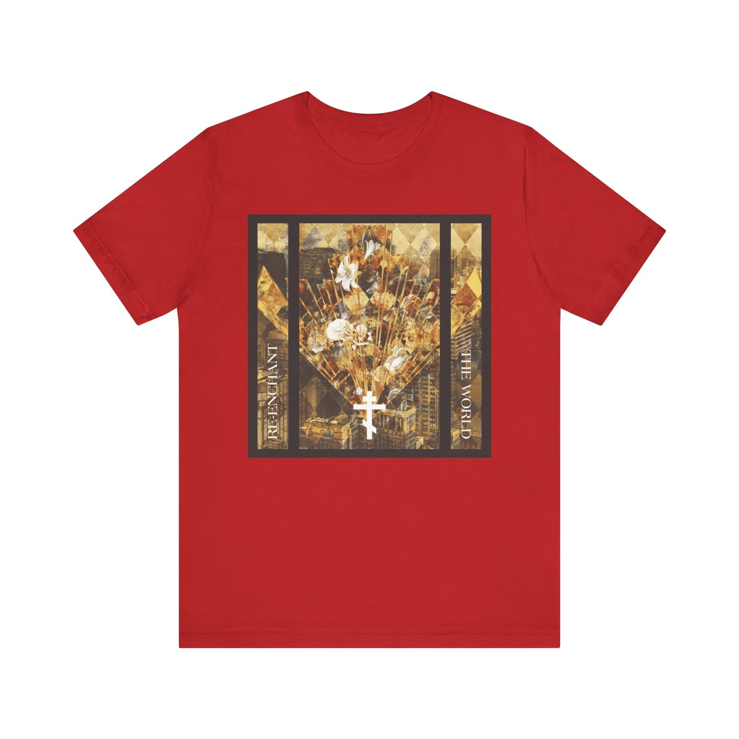 Red tee featuring a modern, earth-toned cityscape with a white cross and floral accents—titled “Re-Enchant the World”—an artistic nod to the Exaltation of the Cross and the Guardian of the Whole World.