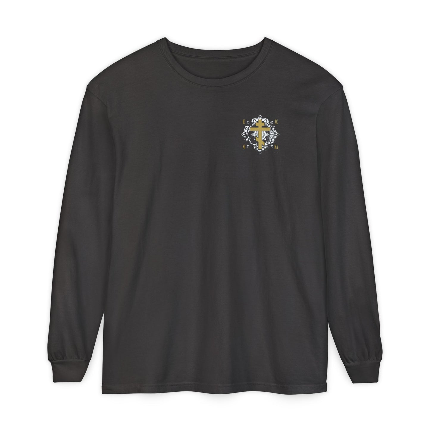 Gold Orthodox Cross ICXC NIKA  (Small Design) | White Medieval Ornate Floral Pattern | Jesus Christ Conquers | Christian Long Sleeve