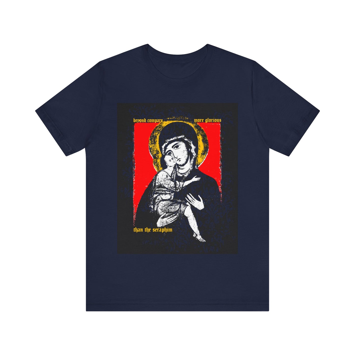Navy "Beyond Compare More Glorious Than the Seraphim" Orthodox Christian T-shirt featuring a Vladimir Theotokos icon, child, gold halo, and devotional text honoring the immaculate Virgin.