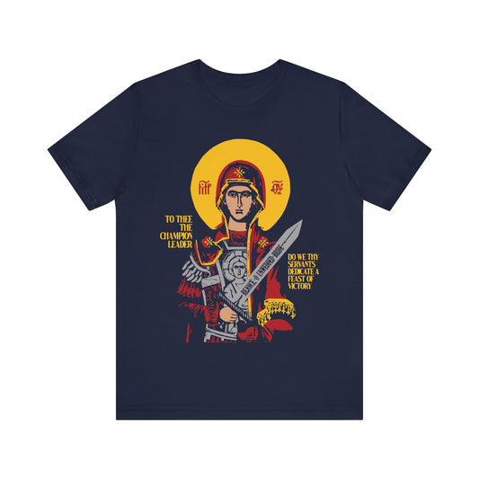 To Thee the Champion Leader | Mother of God | Theotokos with Sword IconoGraphic | Orthodox Christian T-Shirt-Navy-S-Remembrance of Death