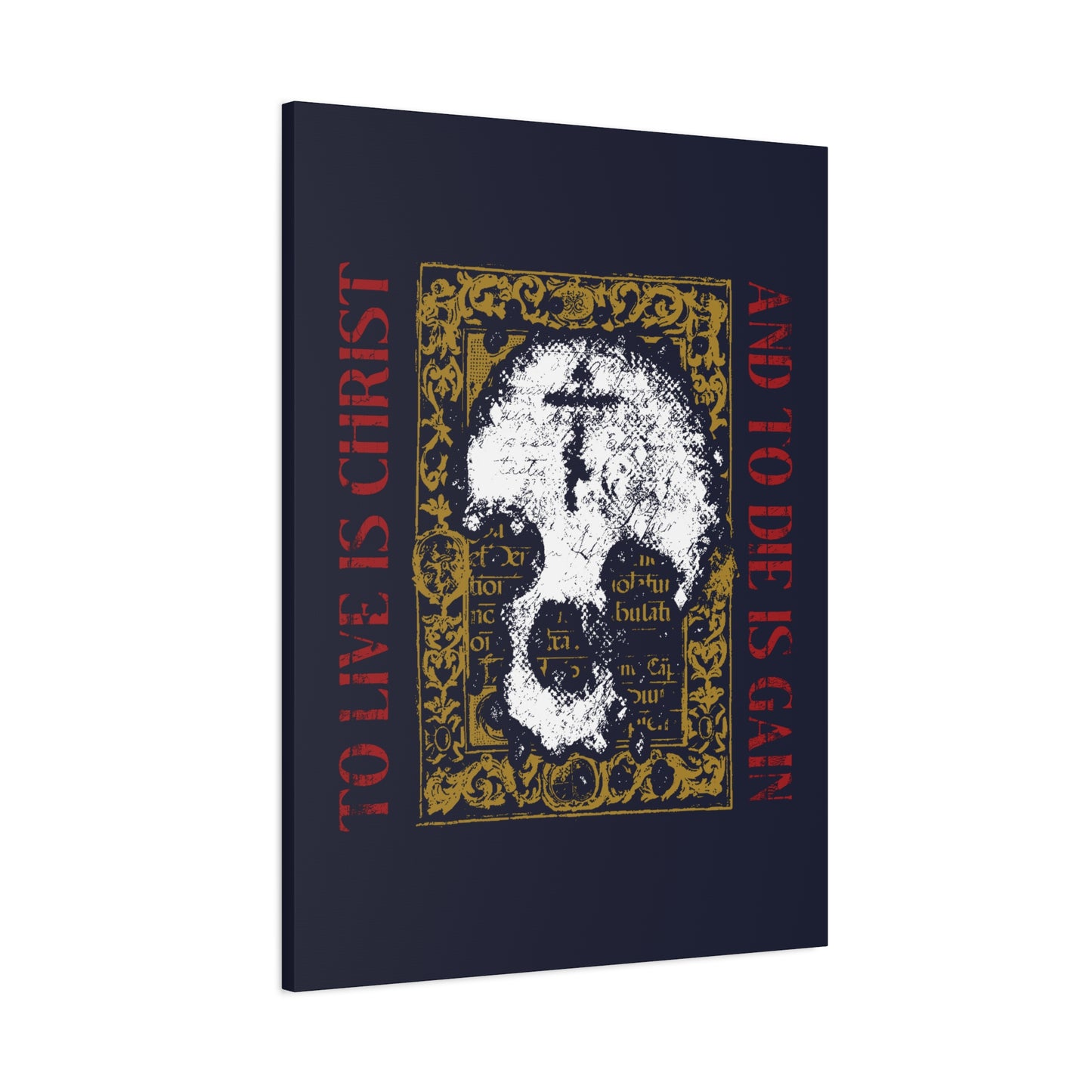To Live is Christ, to Die is Gain (Philippians 1:21) | Skull with Cross on Gold Manuscript Texture | Orthodox Christian Canvas Art
