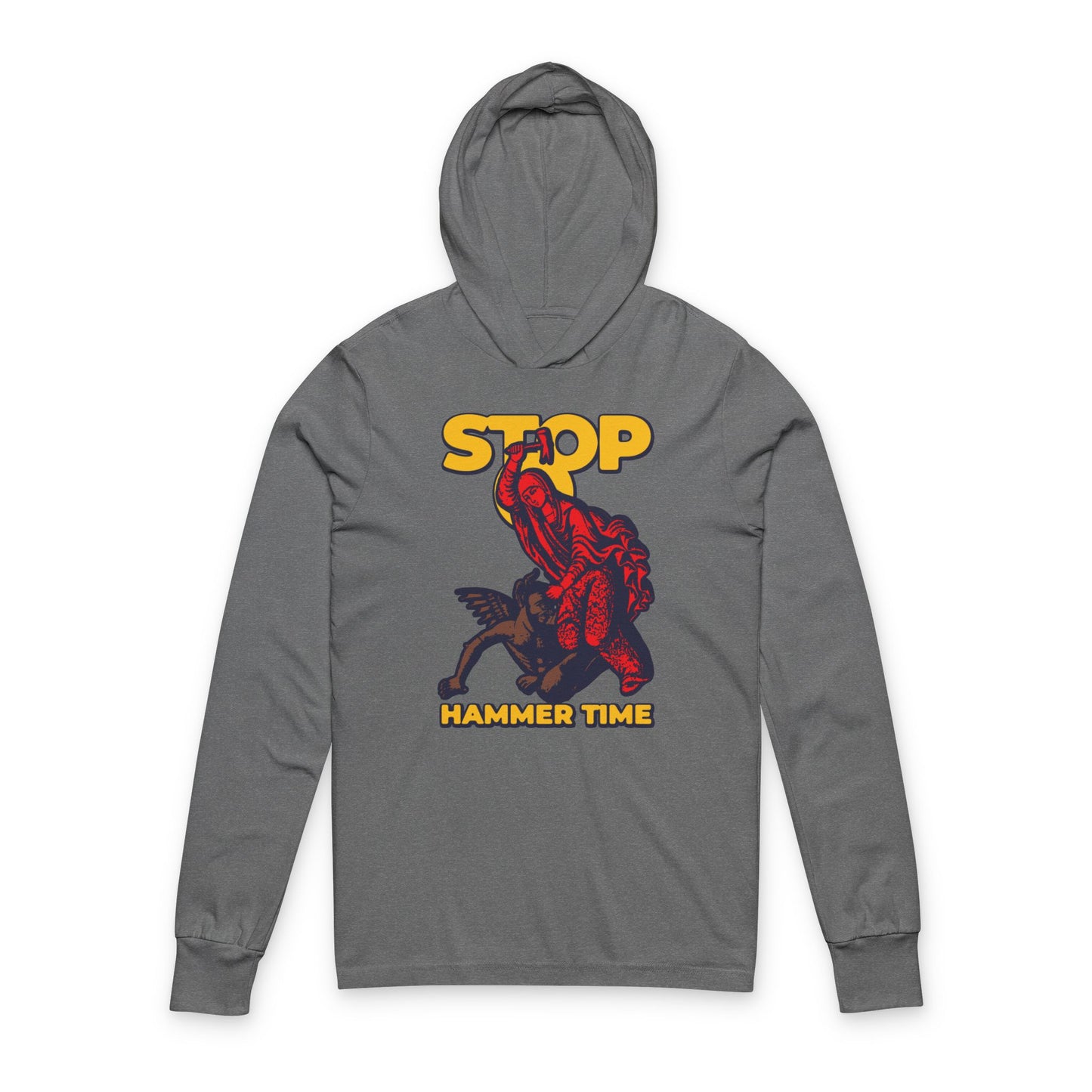 Gray hoodie featuring St Marina of Antioch beating the devil with a hammer and bold "STOP, HAMMER TIME" text—perfect for fans of Christian legends and modern Orthodox memes.