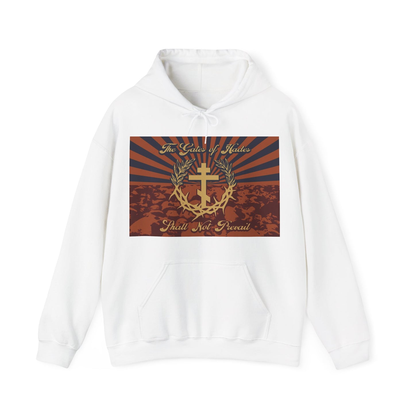 The Gates of Hades Shall Not Prevail | Cross with Wreath & Crown of Thorns | Skulls and Rays | Orthodox Christian Hoodie