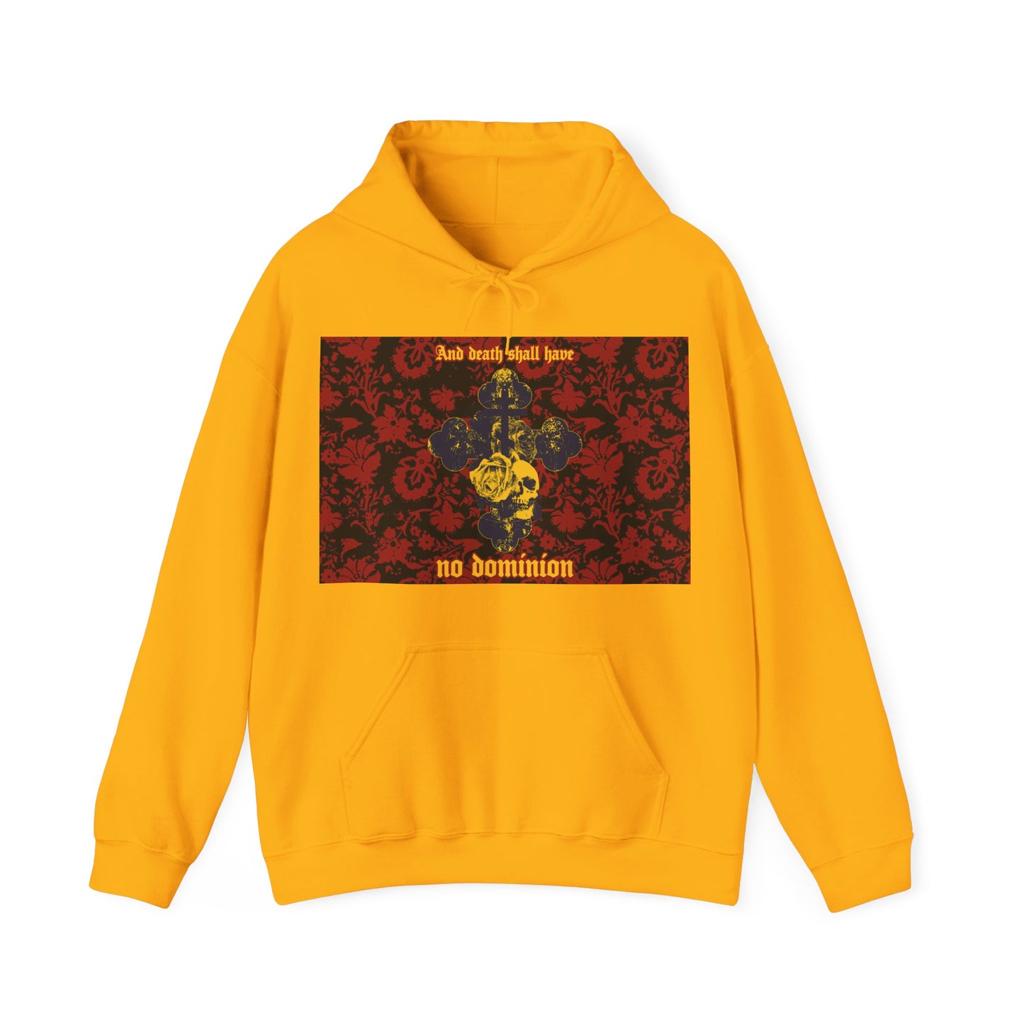 And Death Shall Have No Dominion (Dylan Thomas) | Resurrection | Gothic Style Cross, Skull and Rose on Floral Background | Orthodox Christian Hoodie-Gold-S-Remembrance of Death