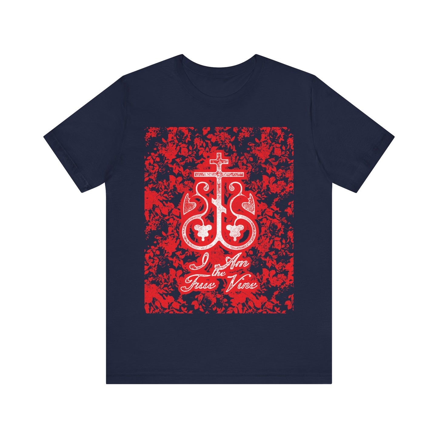 I Am the True Vine (John 15:1) | Orthodox Cross Vine Monogram | Red and Black Floral Design | Orthodox Christian T-Shirt
