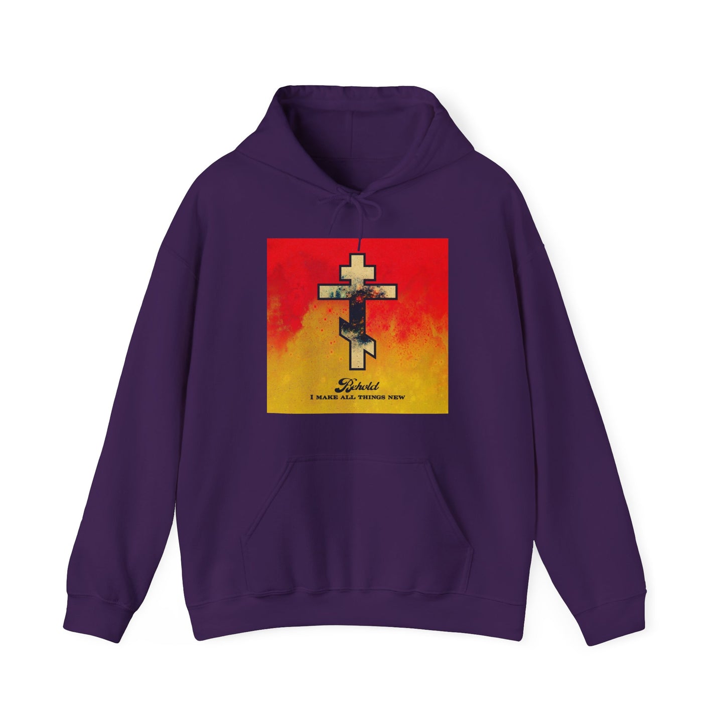 Behold, I Make All Things New (Rev 21:5) | Cosmic Orthodox Cross on Red and Yellow Background | Orthodox Christian Hoodie / Hooded Sweatshirt
