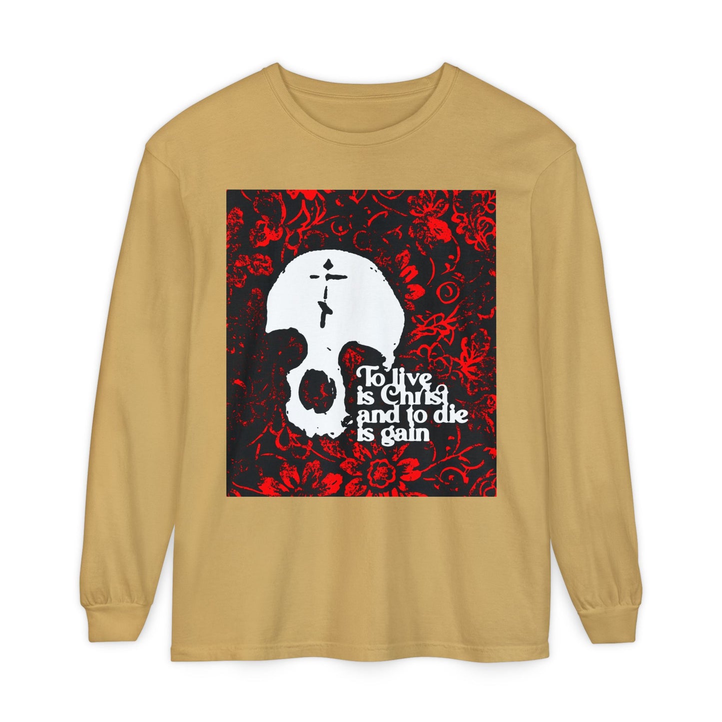 To Live is Christ To Die is Gain (Phil 1:21) | Skull with Cross on Red Floral Texture | Orthodox Christian Long Sleeve Shirt