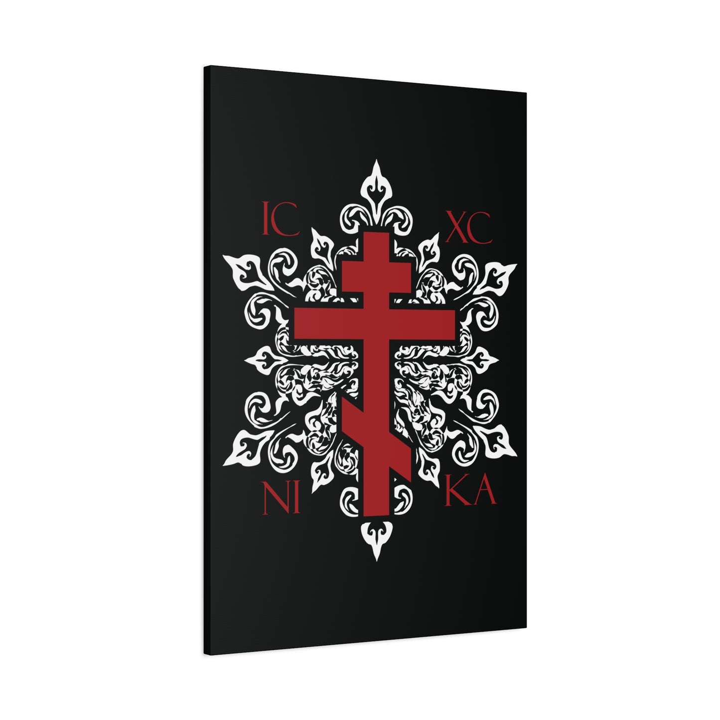 ICXC / NIKA Red Orthodox Cross on Ornate White Medieval Floral Design | Exclusive Best-Selling | Orthodox Christian Canvas Art