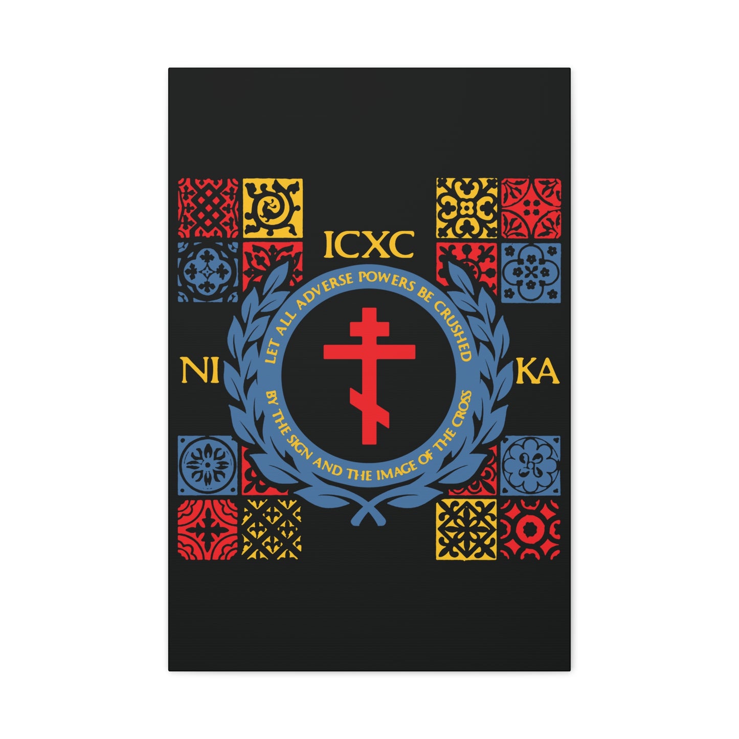 Let All Adverse Powers Be Crushed (Red, Yellow & Blue Design) | ICXC NIKA | Medieval Tile Design | Orthodox Christian Canvas Art