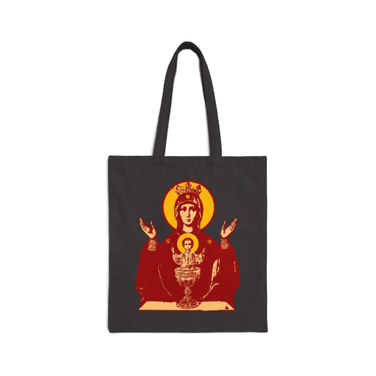 Black tote bag featuring the Holy Theotokos IconoGraphic of the Inexhaustible Chalice—Deliverer from Addictions. Orthodox Christian design to help conquer passions.
