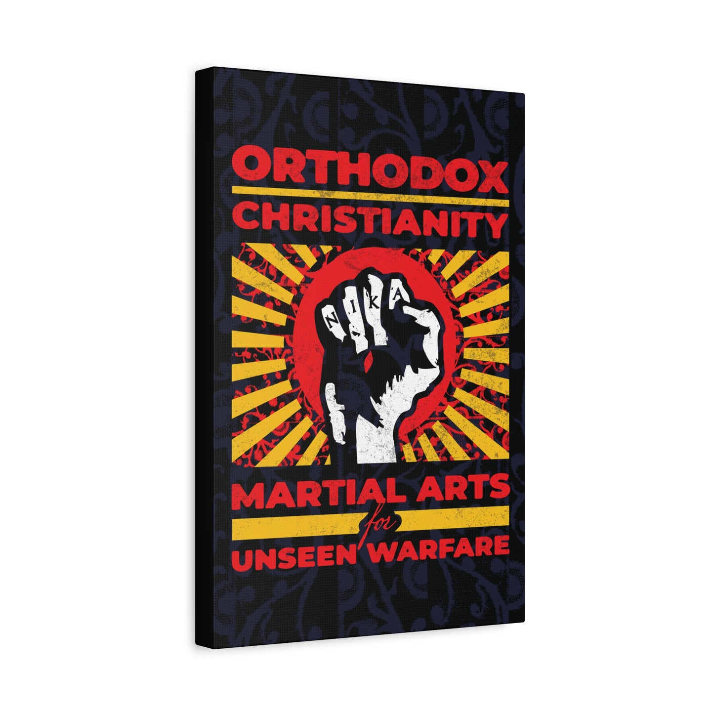 Orthodox Christianity: Martial Arts for Unseen Warfare | NIKA Jesus Fist on Colorful Sunburst Design | Orthodox Christian Canvas Art