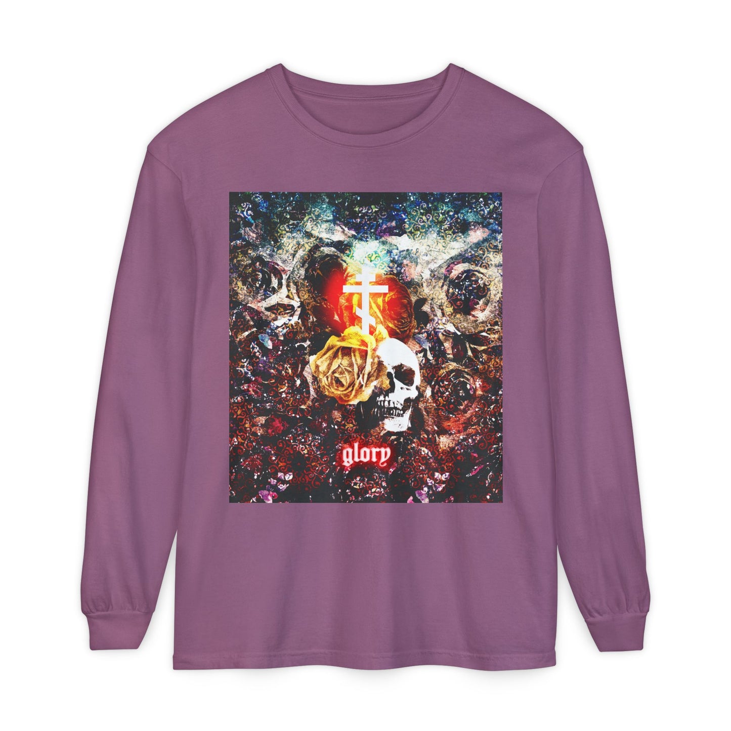 Now the Son of Man is Glorified (John 13:31) | Skull and Floral Glowing Cross Design | Orthodox Christian Long Sleeve Shirt